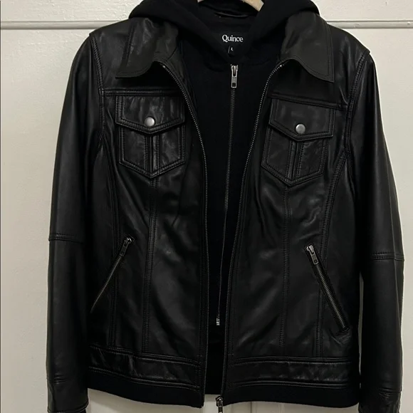 Quince NWOT Women's Black Leather Jacket with Hood - Picture 9 of 13